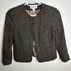 Orvis Tweed Short Blazer 100% Wool Women's 6 Open Lined Shoulder Pads Brown NEW
